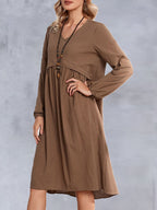 V-neck Solid Color Loose Casual Long-sleeved Midi Dress