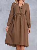 V-neck Solid Color Loose Casual Long-sleeved Midi Dress