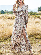 Bohemian Floral Print V-neck Stitching Hem Long Sleeve Maxi Dress
