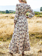 Bohemian Floral Print V-neck Stitching Hem Long Sleeve Maxi Dress