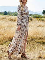 Bohemian Floral Print V-neck Stitching Hem Long Sleeve Maxi Dress