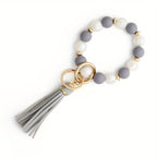 Silicone Beaded Bracelet Keychain, Key Ring Bangle Wristlet Keychain With Faux Leather Tassel For Women/Girls