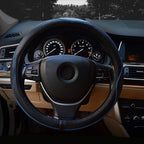 Valleycomfy Steering Wheel Covers Universal 15 inch - Genuine Leather, Breathable, Anti Slip &amp; Odor (Black with Blue Lines, M(14" 1/2-15" 1/4))