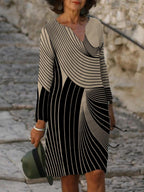 Casual Art Print Color Block V-neck Long Sleeve Midi Dress Women