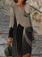 Casual Art Print Color Block V-neck Long Sleeve Midi Dress Women