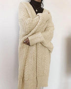 winter collarless solid cable knitted cardigan loose long coat