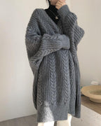 winter collarless solid cable knitted cardigan loose long coat