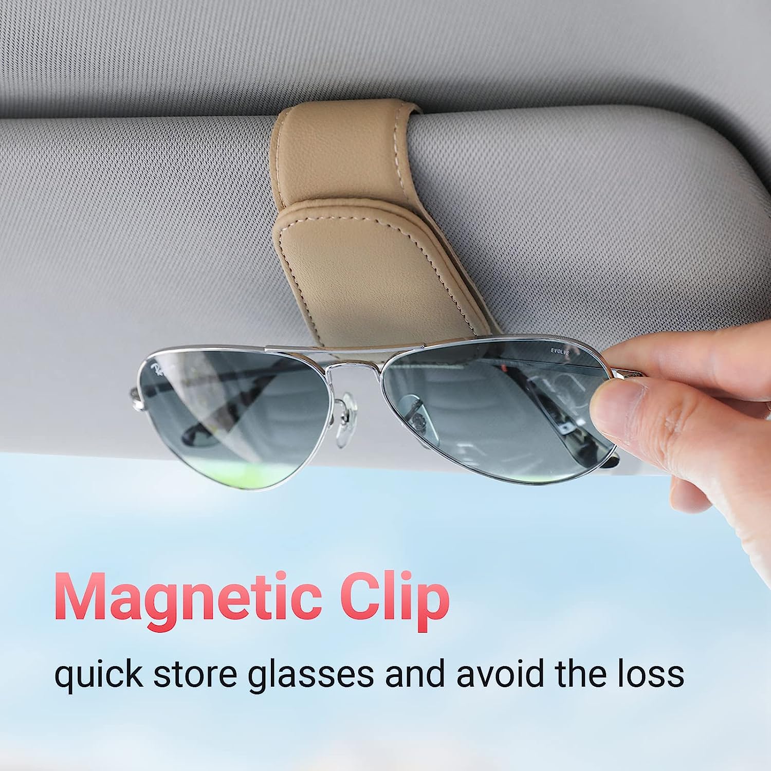 Sunglass Holder for Car Visor Sunglasses Clip Magnetic Leather Glasses Eyeglass Holder Interior Car Accessories for Woman Man - 2 Packs Beige