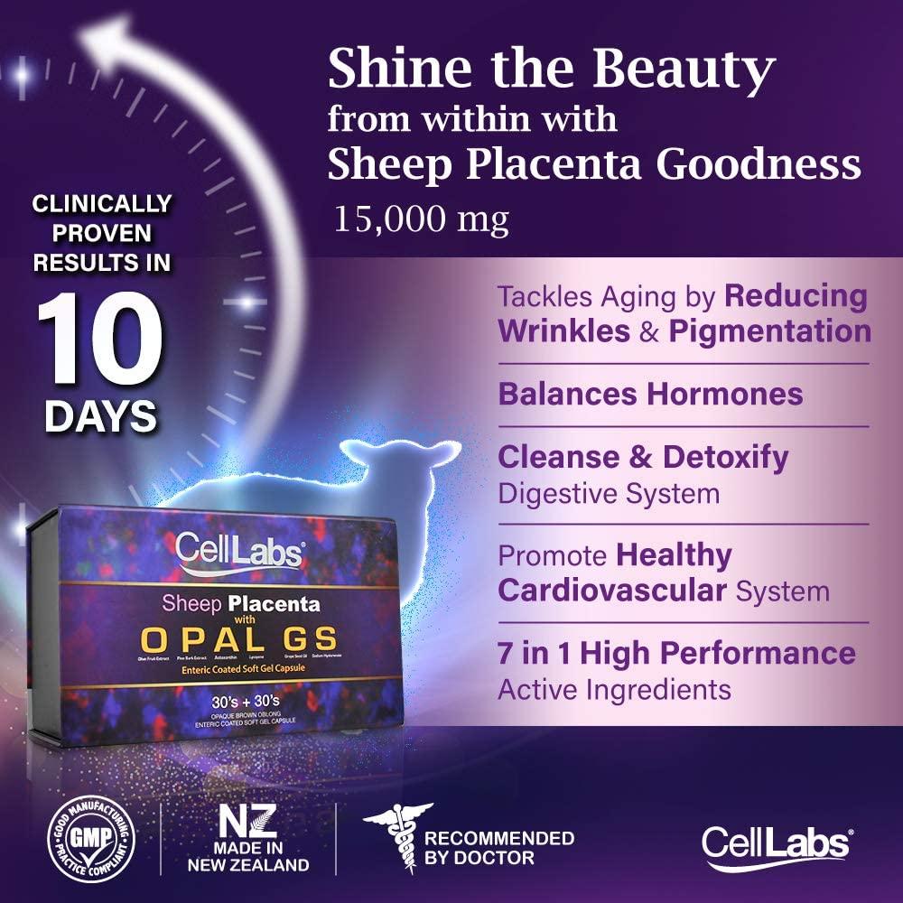 3X CellLabs Premium Sheep Placenta Stem Cell Opal GS 15,000mg with Astaxanthin, Lycopene, Olive Fruit, Grape Seed Oil for Visible Anti-Aging, Improve fine Lines, Reduce Wrinkle 6 Months Supply