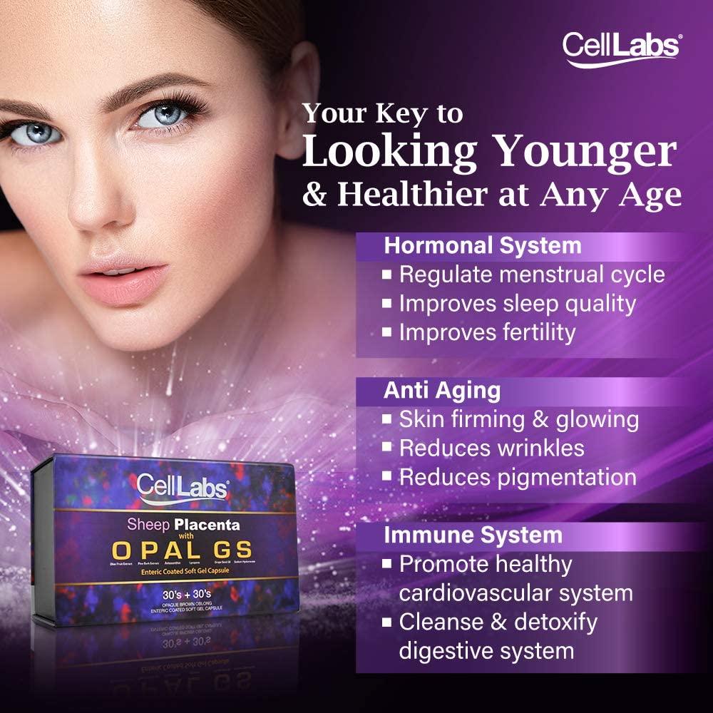 3X CellLabs Premium Sheep Placenta Stem Cell Opal GS 15,000mg with Astaxanthin, Lycopene, Olive Fruit, Grape Seed Oil for Visible Anti-Aging, Improve fine Lines, Reduce Wrinkle 6 Months Supply