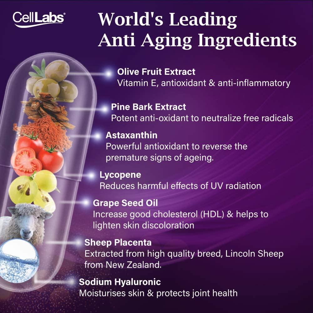 3X CellLabs Premium Sheep Placenta Stem Cell Opal GS 15,000mg with Astaxanthin, Lycopene, Olive Fruit, Grape Seed Oil for Visible Anti-Aging, Improve fine Lines, Reduce Wrinkle 6 Months Supply