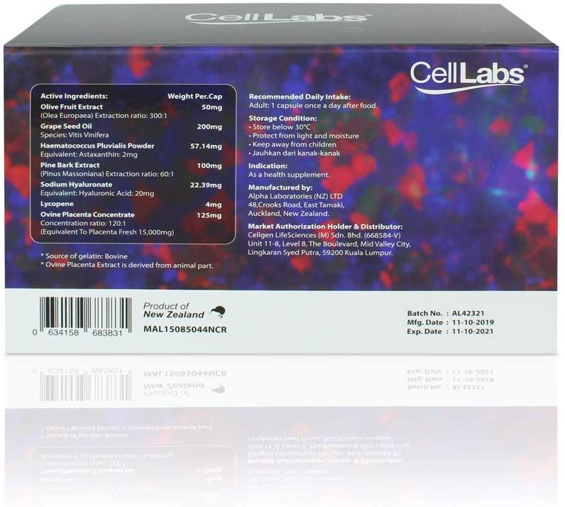 3X CellLabs Premium Sheep Placenta Stem Cell Opal GS 15,000mg with Astaxanthin, Lycopene, Olive Fruit, Grape Seed Oil for Visible Anti-Aging, Improve fine Lines, Reduce Wrinkle 6 Months Supply