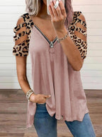 Leopard Print Off Shoulder Zips Short Sleeve T-shirt