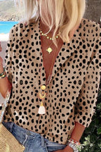 Notch Collar Leopard Long Sleeve Blouse