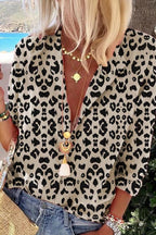 Notch Collar Leopard Long Sleeve Blouse