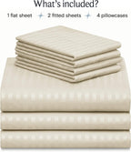 LuxClub Striped Sheets Set, 7 PC Striped Bed Sheets Split King Size, Deep Pockets 18" Eco Friendly Wrinkle Free Cooling Sheets Machine Washable Hotel Bedding Silky Soft (Split King, Striped Cream)