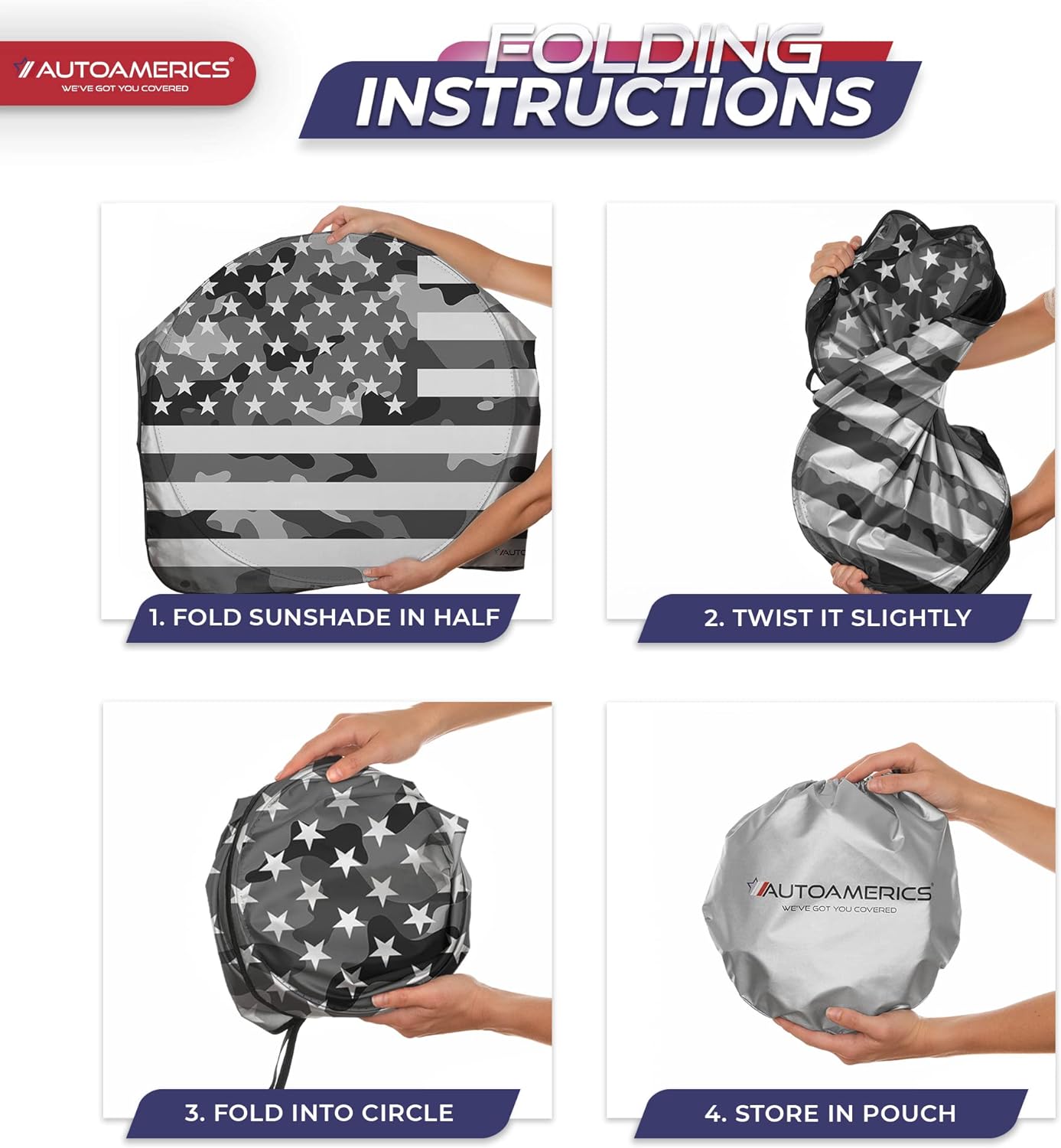 Autoamerics 1-Piece Windshield Sun Shade Gray Camo American Flag USA  - Foldable Car Front Window Sunshade for Most Sedans SUV Truck - Blocks Max UV Rays and Keeps Your Vehicle Cool - X-Large