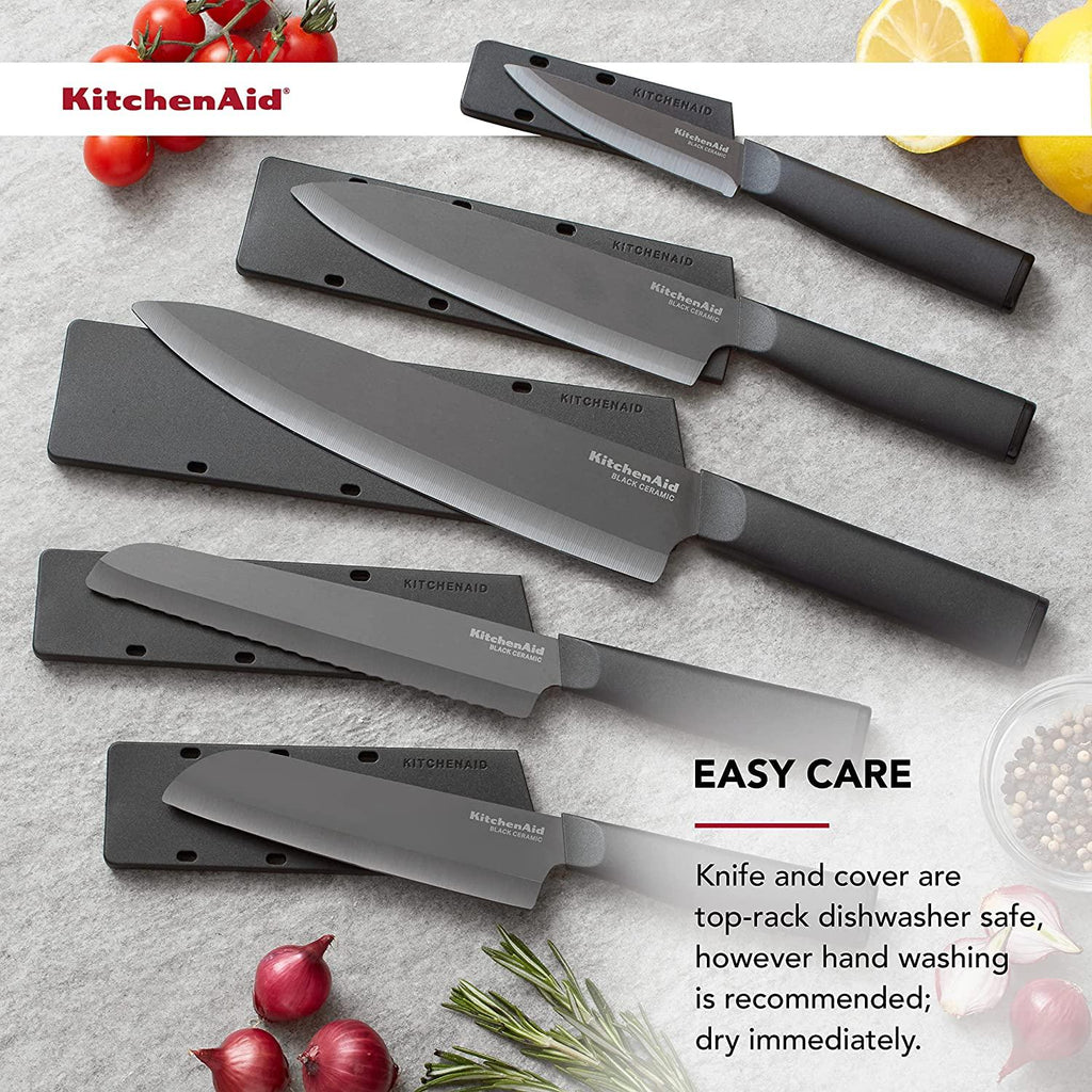 KitchenAid Classic Ceramic Santoku Knife with Custom-Fit Blade Cover, Sharp Kitchen Knife, Dishwasher-Safe, 5-inch, Black