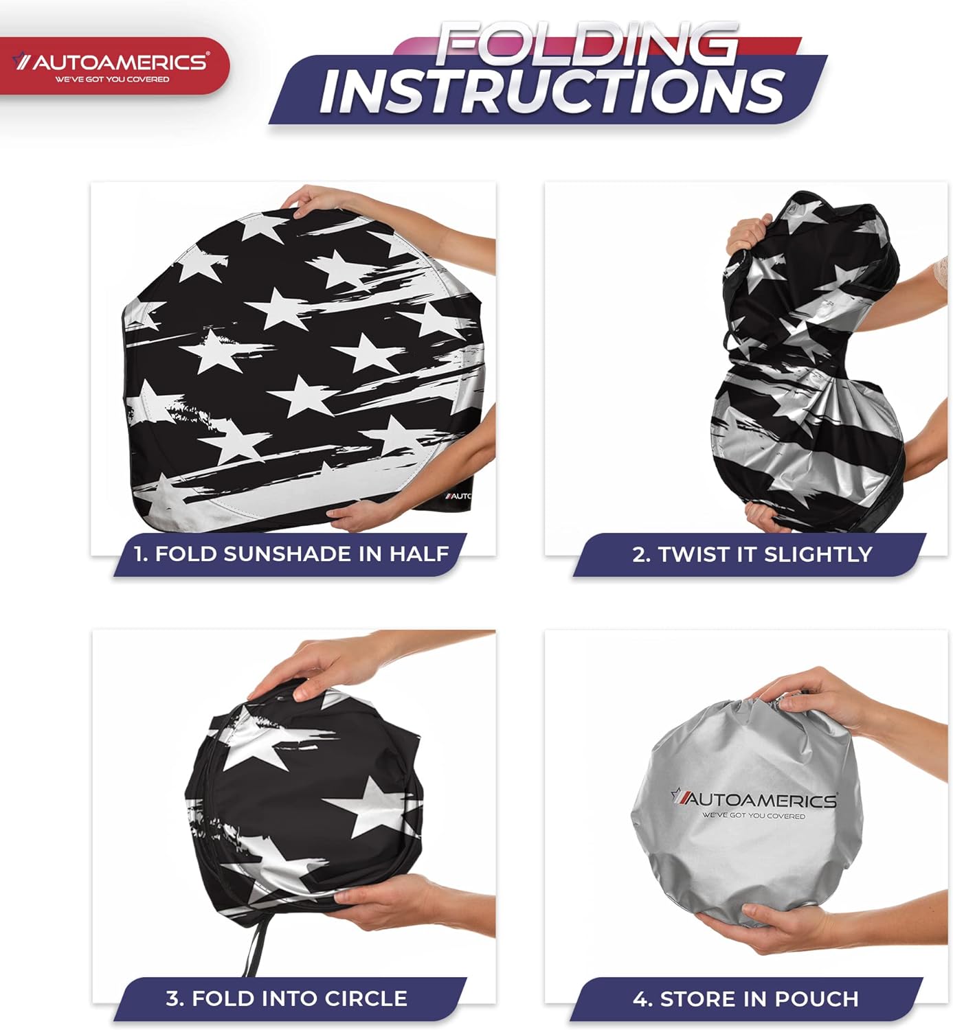 Autoamerics 1-Piece Windshield Sun Shade B&amp;W Art American Flag USA  - Foldable Car Front Window Sunshade for Most Sedans SUV Truck - Blocks Max UV Rays and Keeps Your Vehicle Cool - X-Large