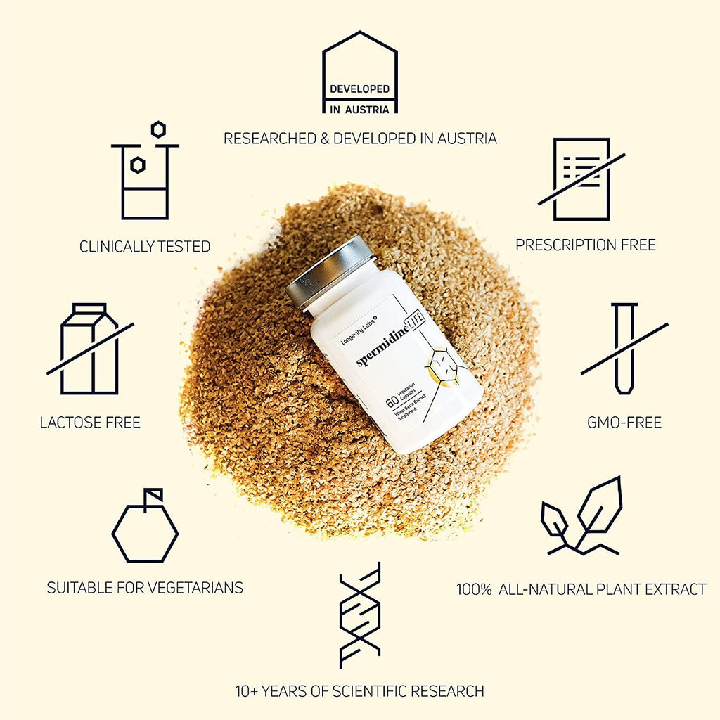 spermidineLIFE Natural Supplement, Plant-Based, Wheat Germ Extract with High Spermidine Content and Zinc for Cell Renewal, Vegan Friendly, Pack of 3