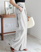 stripe casual wrap pocket irregular bandage wide leg pants