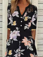 V-neck Floral Print Loose Long Sleeve Maxi Dress