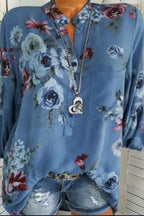 Autumn Spring Summer Cotton V-Neck Button Floral Printed Blouses