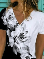 Fashion Flower Print V-neck Short-sleeved Casual T-shirt