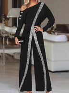 Fashion Sequin Print Off-shoulder Long Sleeve Jumpsuit Women