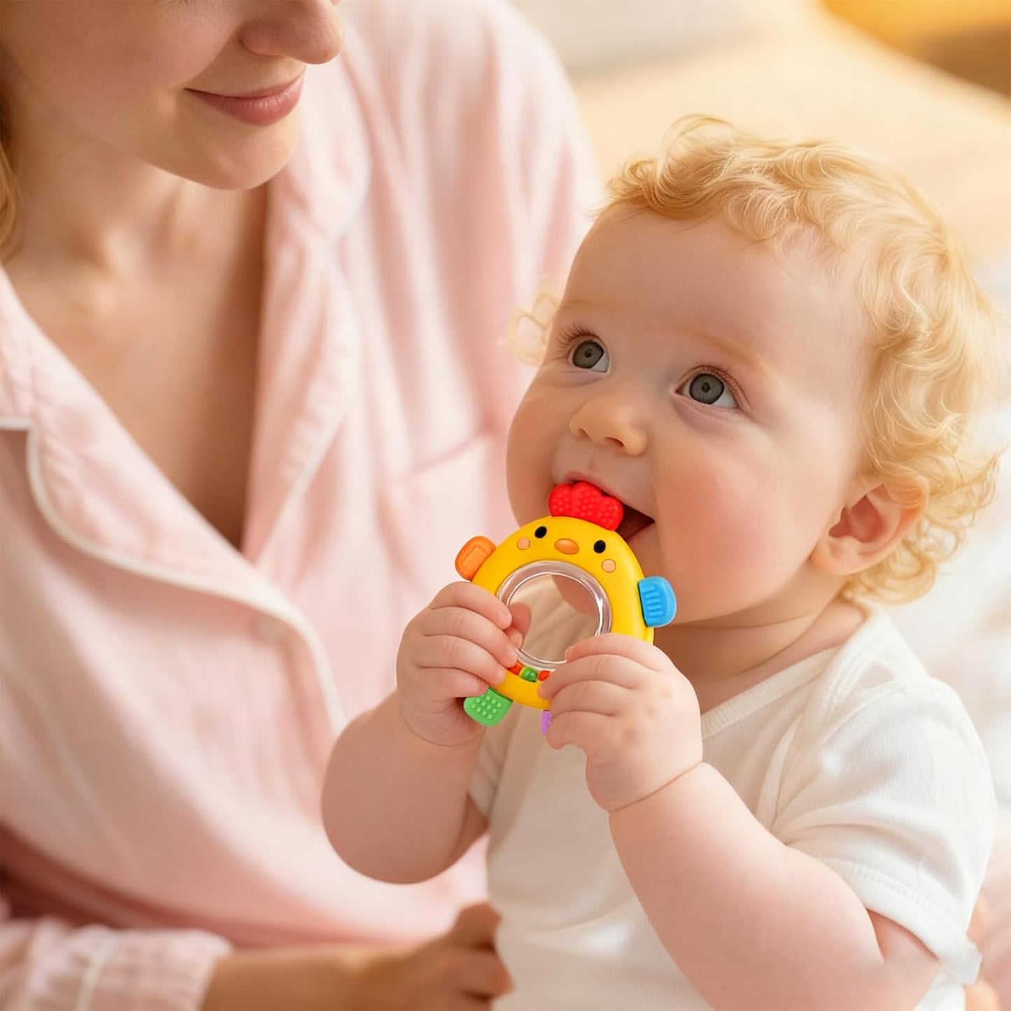 Baby Teether Rattle Toy, Textured Silicone Chew Toy for Gum Relief, Sensory Toy with Easy-Grip Ring for Infants 0-12 Months, Cute Chick Design