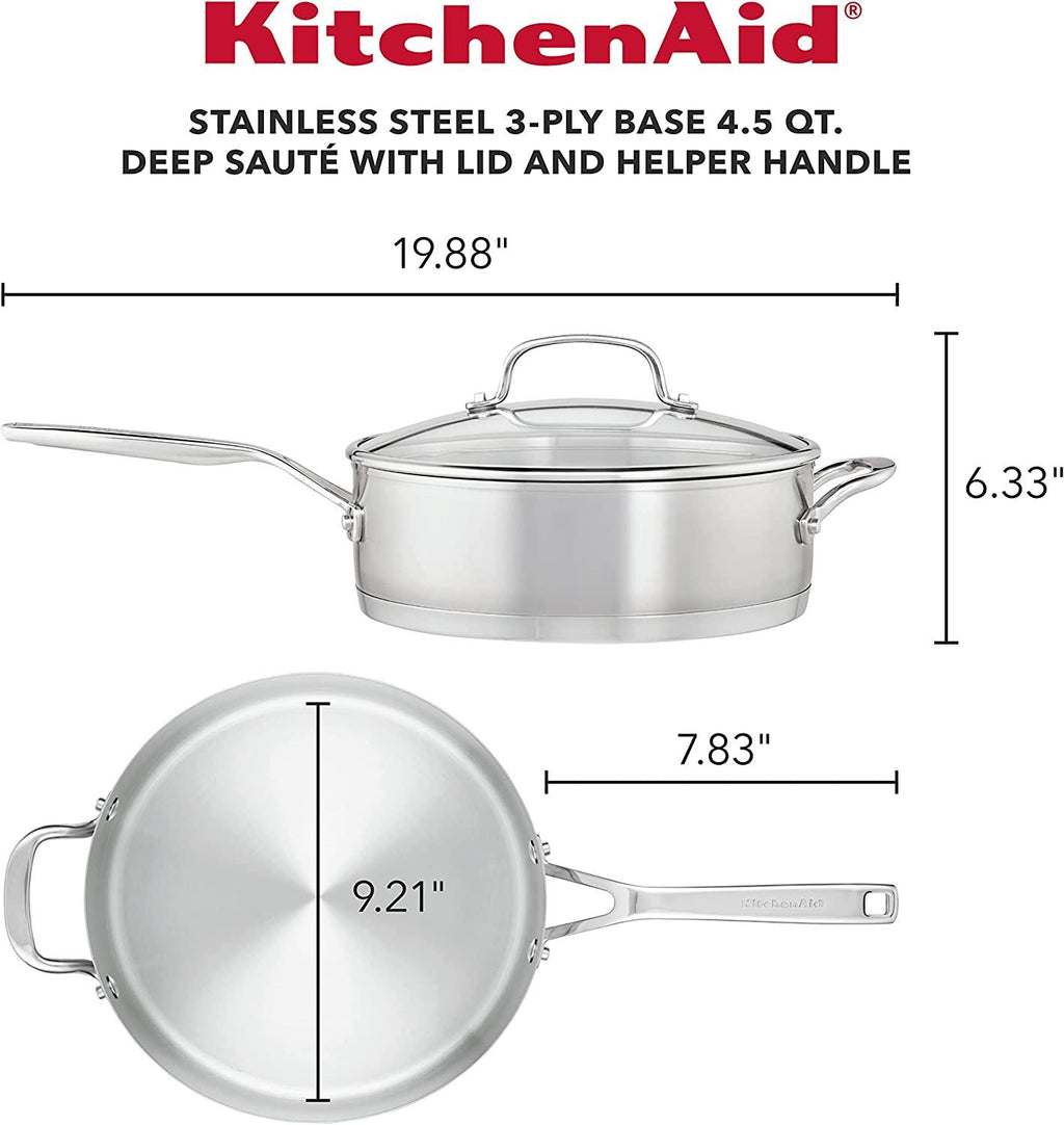 KitchenAid 3-Ply Base Brushed Stainless Steel Deep Saute Pan with Helper Handle and Lid, 4.5 Quart
