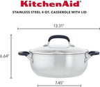 KitchenAid Stainless Steel Casserole with Lid, 4 Quart, Brushed Stainless Steel