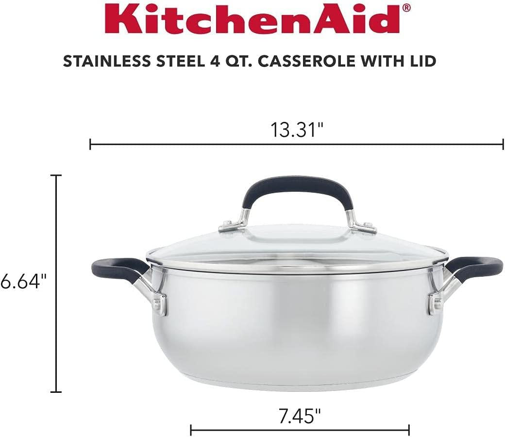 KitchenAid Stainless Steel Casserole with Lid, 4 Quart, Brushed Stainless Steel