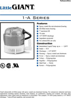 Little Giant 1-A 115 Volt, 1/200 HP, 170 GPH Small Submersible Permanently Oiled Pump for Fountain, Water Displays and Air Conditioners, 6-Foot Cord, Blue, 500203
