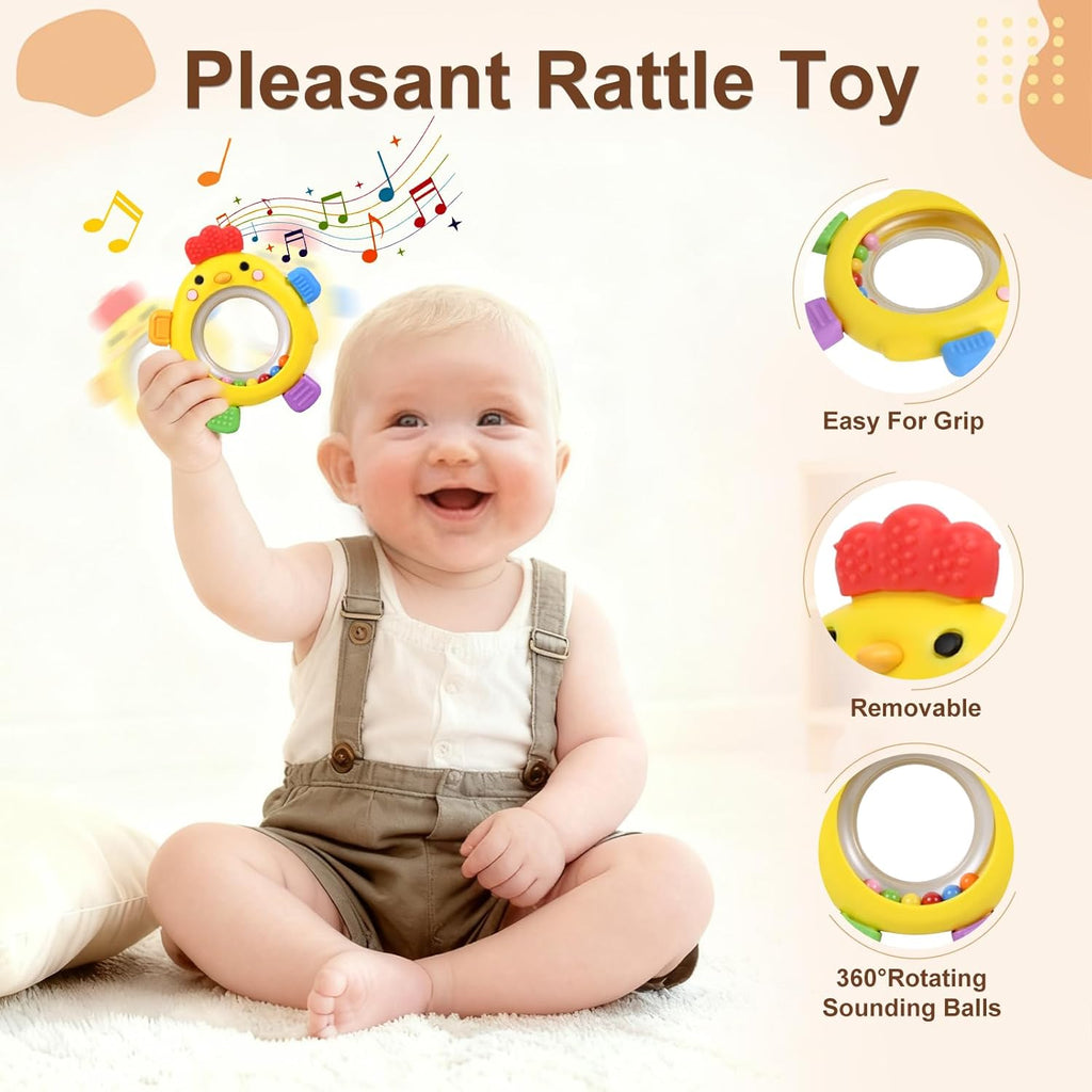 Baby Teether Rattle Toy, Textured Silicone Chew Toy for Gum Relief, Sensory Toy with Easy-Grip Ring for Infants 0-12 Months, Cute Chick Design