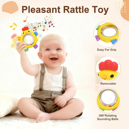 Baby Teether Rattle Toy, Textured Silicone Chew Toy for Gum Relief, Sensory Toy with Easy-Grip Ring for Infants 0-12 Months, Cute Chick Design