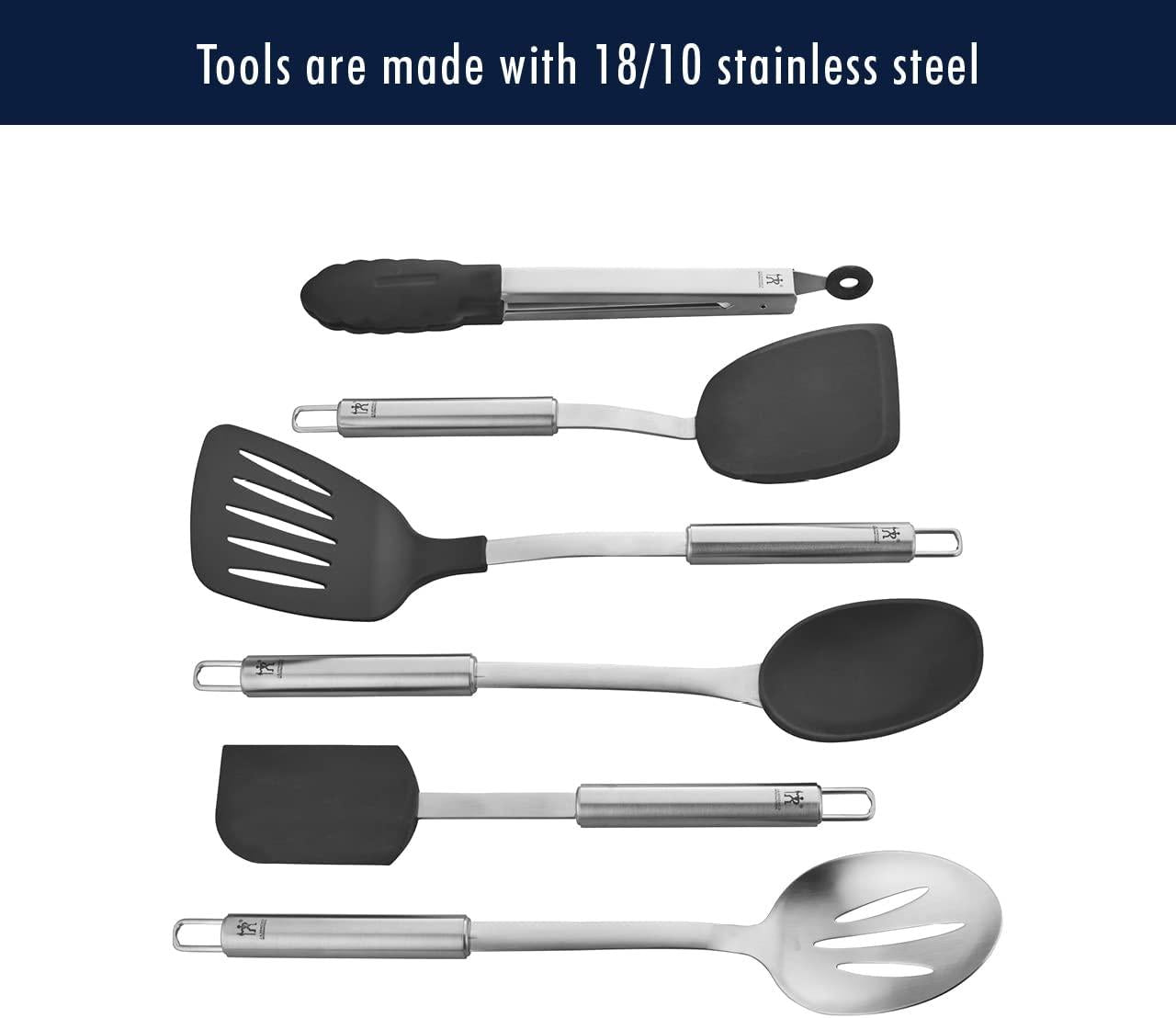 HENCKELS Cooking Tools 6-PC Kitchen Gadgets Sets with Spatula, Tongs, Cooking Spoon, 18/10 STAINLESS STEEL