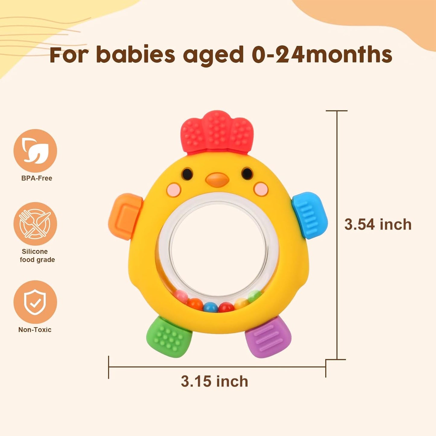 Baby Teether Rattle Toy, Textured Silicone Chew Toy for Gum Relief, Sensory Toy with Easy-Grip Ring for Infants 0-12 Months, Cute Chick Design