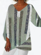 Casual V-Neck Stripe Print Irregular Hem Shirt