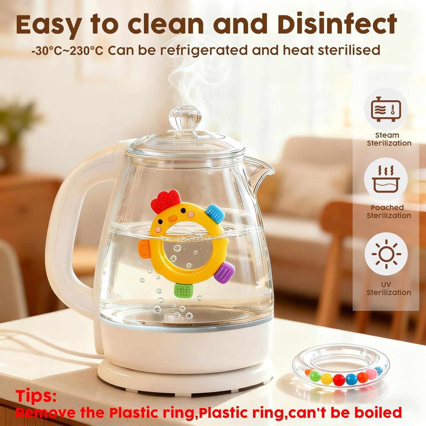 Baby Teether Rattle Toy, Textured Silicone Chew Toy for Gum Relief, Sensory Toy with Easy-Grip Ring for Infants 0-12 Months, Cute Chick Design