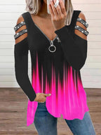 V-neck Loose Off-shoulder Gradient Color Zipper Long-sleeved T-shirt