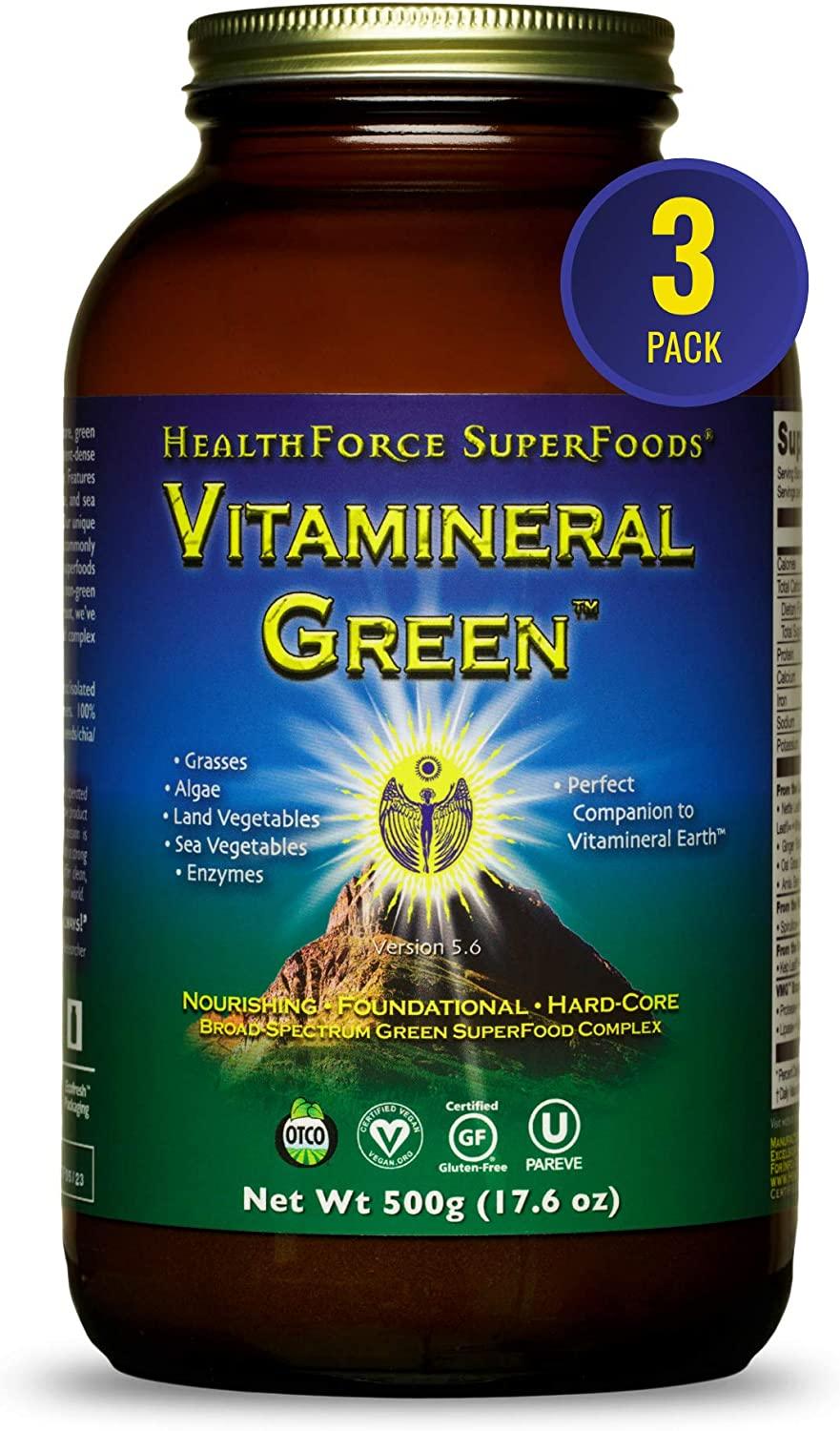 HealthForce SuperFoods Vitamineral Green - 500 Grams - Pack of 3 - All-Natural Green Superfood Complex with Vitamins, Minerals, Amino Acids & Protein - Organic, Vegan, Gluten Free - 150 Total Servings