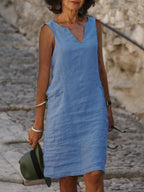 Casual Cotton Linen V-neck Midi Dress