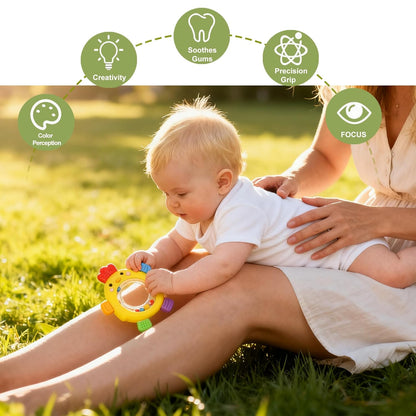 Baby Teether Rattle Toy, Textured Silicone Chew Toy for Gum Relief, Sensory Toy with Easy-Grip Ring for Infants 0-12 Months, Cute Chick Design