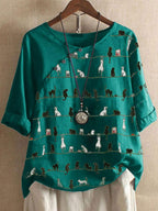 Cat Print Round Neck Cotton And Linen Sleeve Blouse