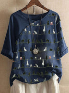 Cat Print Round Neck Cotton And Linen Sleeve Blouse