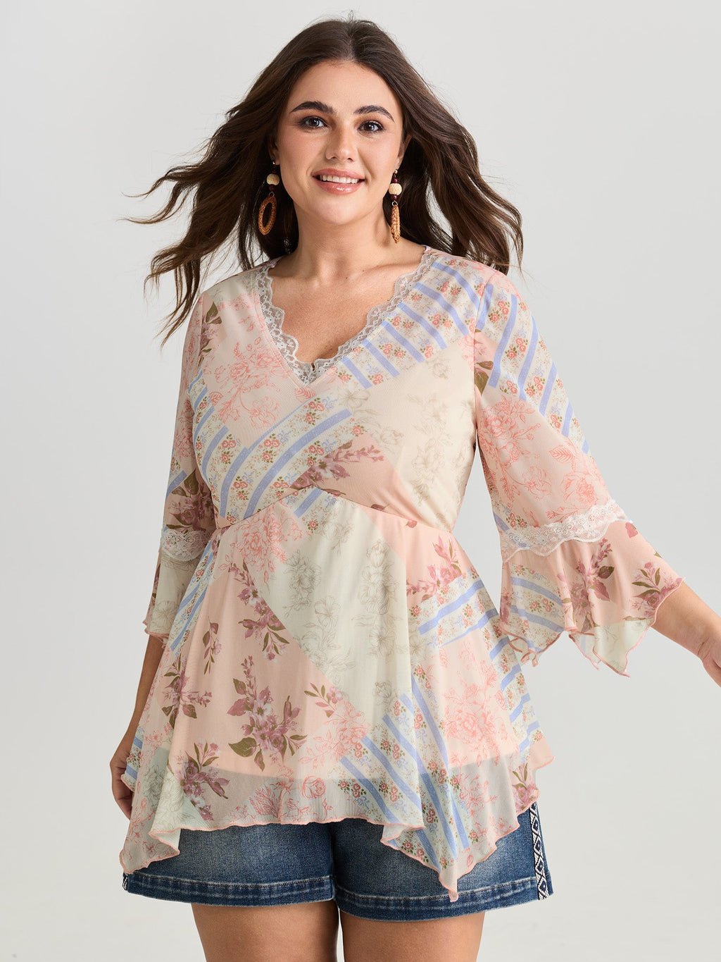 Floral Print Lace Asymmetrical Hem Blouse