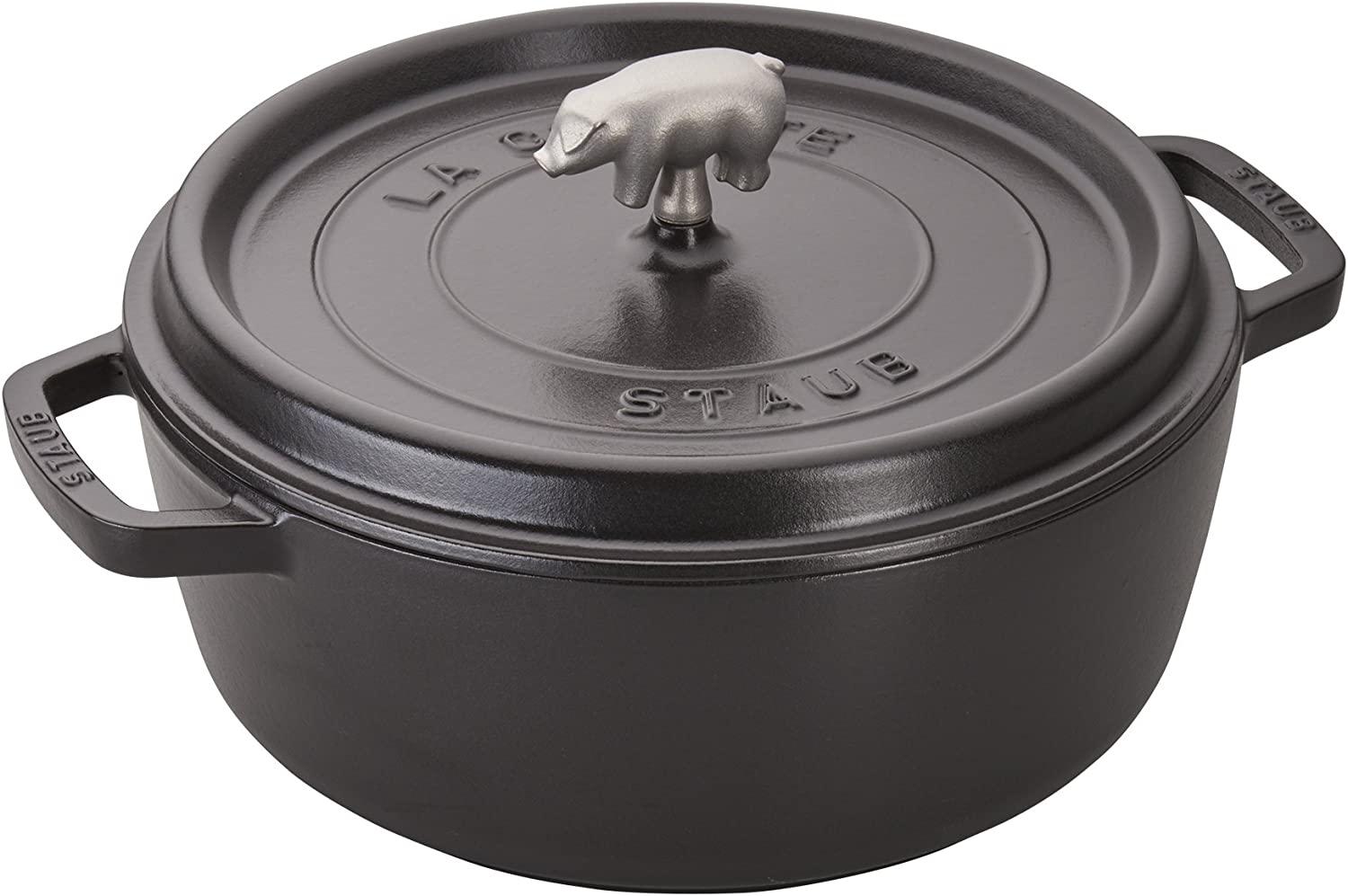 Staub Cast Iron 6-qt Cochon Shallow Wide Round Cocotte - Matte Black, Made in France