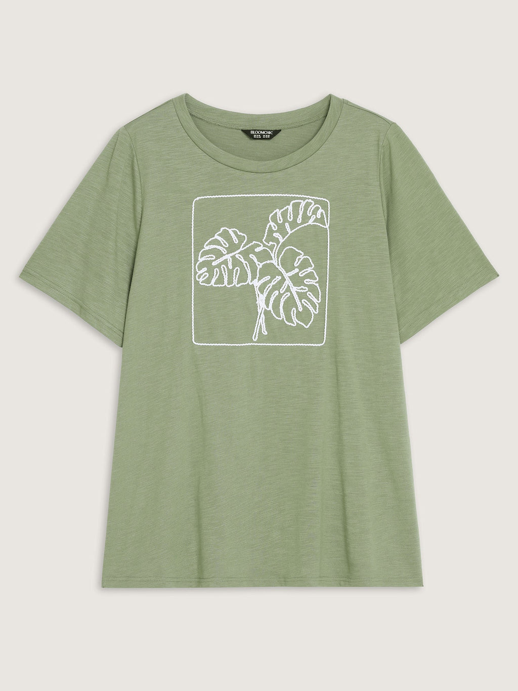 Embroidered Leaf Pattern Plain T-Shirt