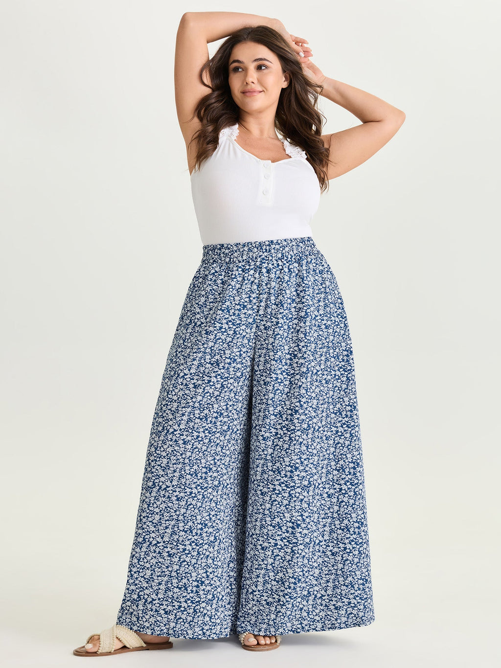 Micro Floral Print Wide-Leg Pants